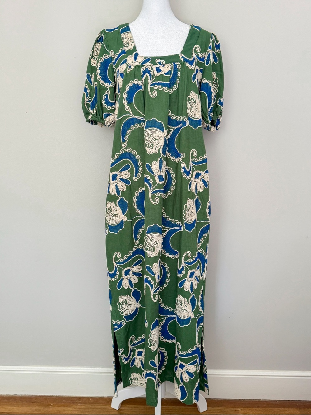 Never A Wallflower Square Neck Maxi Dress Crewel Work Embroidered Green Blue S